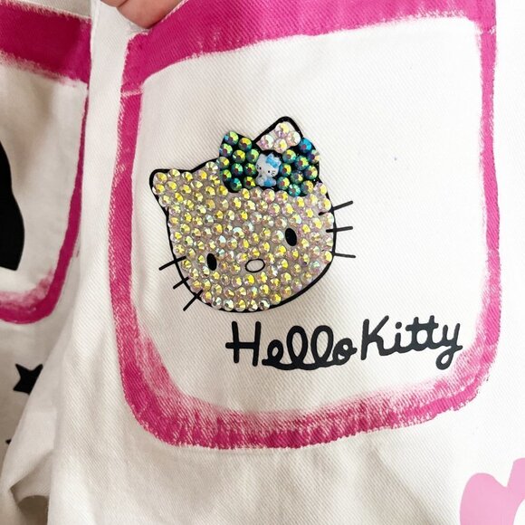 Custom Handmade Hello Kitty Theme Bling White Denim Jeans High Waist Size 29 - Picture 9 of 13
